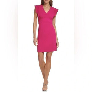 Fuchsia Pink Ruffle Cap Sleeve Sheath Dress Gold Back Zipper Barbie DKNY Sz16